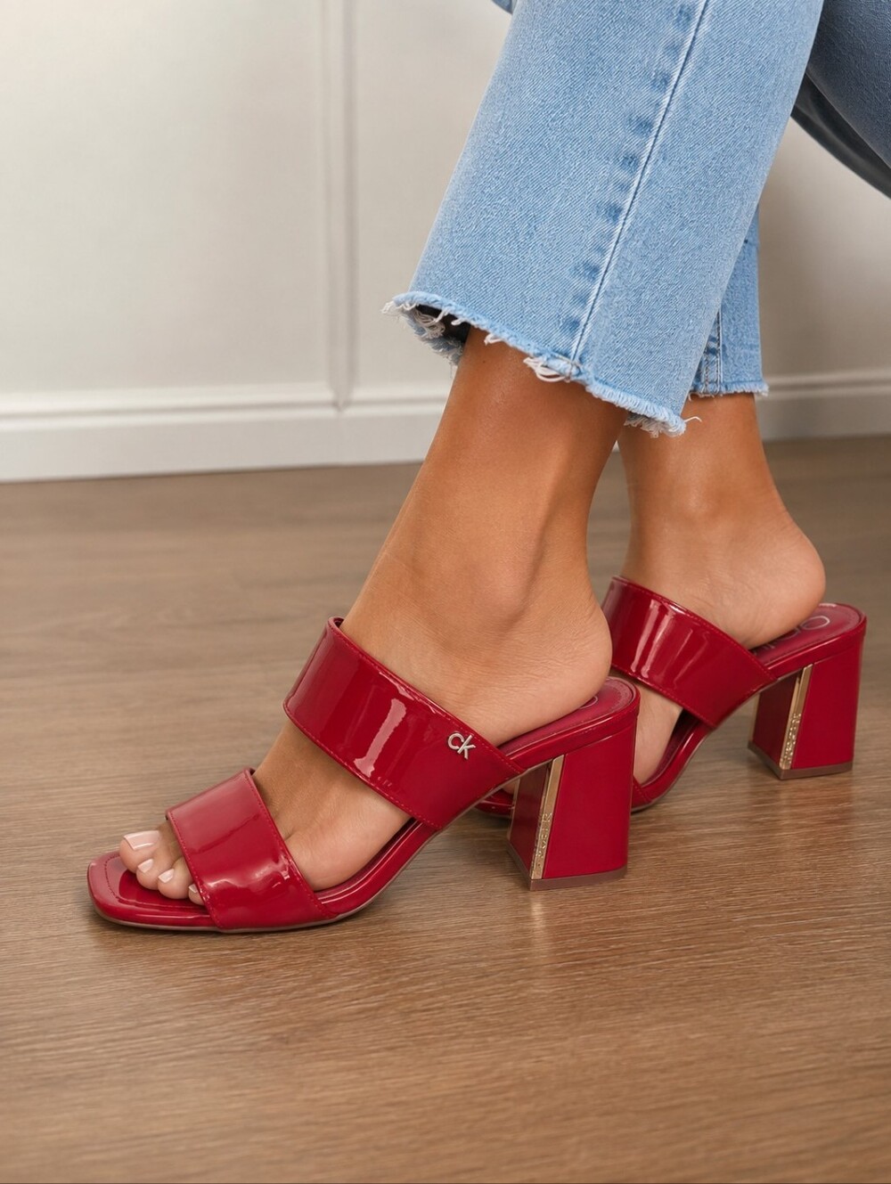 Calvin Klein Red Patent Double-Strap Slide Sandals Size 9M